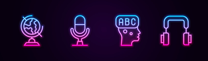 Set line Earth globe, Microphone voice device, Learning foreign languages and Headphones. Glowing neon icon. Vector