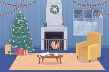 Wall Mural - Cozy home at Christmas flat color vector illustration. Household with festive decorations for holidays. Comfortable apartment 2D cartoon interior with window with winter landscape on background