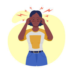 Poster - woman with migraine semi flat color vector character. posing figure. full body person on white. post