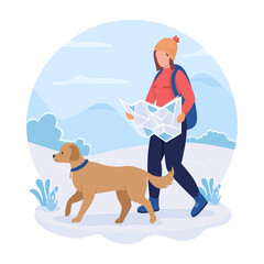 Wall Mural - Woman on hiking route 2D vector isolated illustration. Girl with map walking with pet. Backapacker with dog flat character on cartoon background. Active wintertime recreation colourful scene