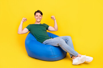 Sticker - Full length photo of cheerful positive man winner celebrate good mood isolated on yellow color background