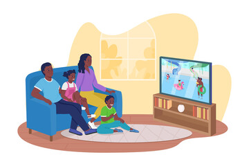 Wall Mural - Watching old family videos and photos 2D vector isolated illustration. Happy family members sitting on sofa flat characters on cartoon background. Creating close family bond colourful scene