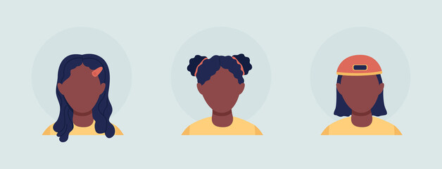 Poster - Hairstyles for girls semi flat color vector character avatar set. Kid with different hair. Portrait from front view. Isolated modern cartoon style illustration for graphic design and animation pack