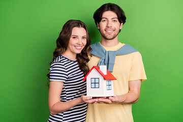 Poster - Photo of young couple happy positive smile buy home accommodation credit isolated over green color background