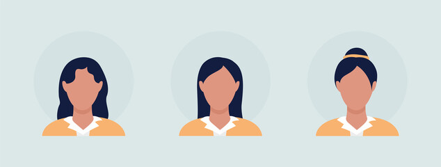 Poster - Different female hairstyles semi flat color vector character avatar set. Casual style. Portrait from front view. Isolated modern cartoon style illustration for graphic design and animation pack