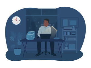 Poster - Late at night in office 2D vector isolated illustration. Challenges of office work. Tired and frustrated employee sitting at desk flat characters on cartoon background. Workload colourful scene