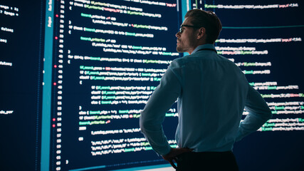 Leinwandbilder - Innovative Startup Concept: Thoughtful Software Engineer Finding Solution, Planning Strategy, Standing and Doing Data Analysis on Big Wall Screen. Programmer Developing e-Commerce App. Back View Shot