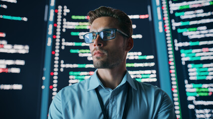 Poster - Innovative Startup: Portrait of Thoughtful Software Engineer Finding Solution, Doing Data Analysis with Big Screen Background. Programmer Developing e-Commerce App. Futuristic Dramatic Shot