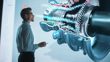 Fototapete - Innovative Green Energy Startup: Engineer Designing Engine Using Tablet Computer and Big Wall Screen to Analyse Prototype. Concept for Sustainable Environmnetally Friendly Carbon Neutral Turbine