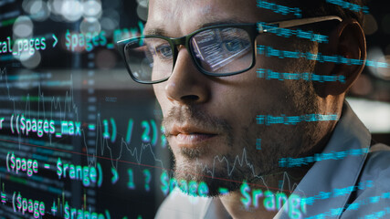 Poster - Close-up Portrait of Software Engineer Working on Computer, Line of Code Run Aroung Him. Developer Working on Innovative e-Commerce Application using Big Data Concept