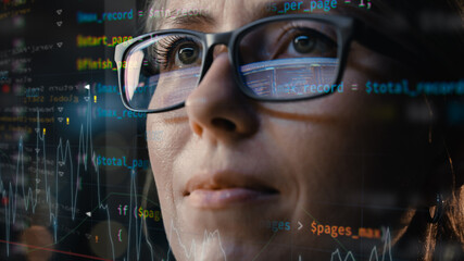 Poster - Close-up Portrait of Female Software Engineer Working on Computer, Program Code Run Aroung Her. Developer Working on Innovative e-Commerce Application using Machine Learning, AI, Big Data