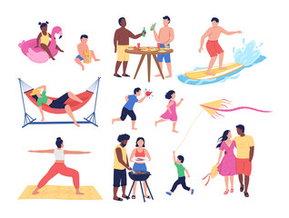 Poster - Summer activities semi flat color vector character set. Posing figures. Full body people on white. Beach isolated modern cartoon style illustration for graphic design and animation collection