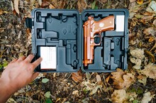 Directly Above Shot Of Person Showing Gun In A Box On Autumn Field