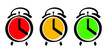 Old alarmclock icon or pictogram. Cartoon vector alarm clock symbol. Wakeup clocks or clock rings. Grunge line watch icons. Red, orange, green sign. deadline timer