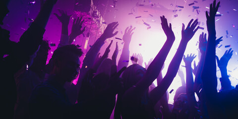 Wall Mural - Photo of carefree millennials fans buddy enjoy famous rock star show dance raise hands up on neon discotheque flying confetti