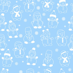 Wall Mural - Winter seamless pattern with cute snowmen, white outline on light blue background