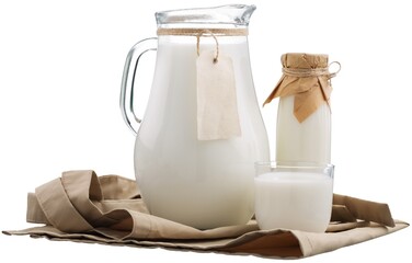 Poster - Fresh organic milk in glass and jug on rustic wooden table on nature background.