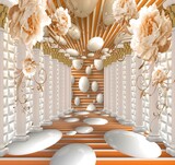 Fototapeta Perspektywa 3d - 3d wallpaper orange and white flowers on tunnel with white balls background