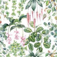 Beautiful seamless tropical floral pattern with hand drawn watercolor exotic jungle flowers. Stock illustration.