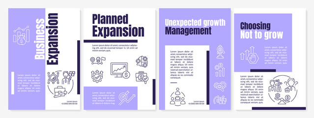 Business expansion purple brochure template. Company development. Flyer, booklet, leaflet print, cover design with linear icons. Vector layouts for presentation, annual reports, advertisement pages