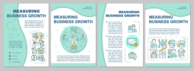 Measuring business growth blue brochure template. Company develops. Flyer, booklet, leaflet print, cover design with linear icons. Vector layouts for presentation, annual reports, advertisement pages
