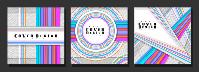 Wall Mural - Vector set of Square Covers, 3 colorful layouts with decorative circles and triangles with copy space for ad text, abstract cover template for advertising, square placard with white striped background