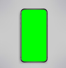 Poster - Modern smartphone with blank green screen on a table. Vector mockup for video keying