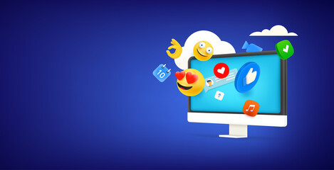 Aufkleber - Modern computer with notifications and social media icons. Horizontal vector banner with copy space