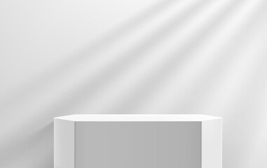 Poster - Bright morning interior with pedestal. Realistic showcase illustration with sun flare effect