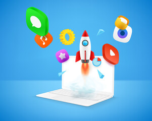Poster - Start up concept with modern laptop with media icons