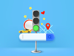 Poster - Searching for point of interest in internet with search tab. 3d style vector illustration