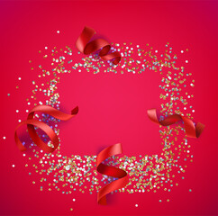 Aufkleber - Empty frame of confetti and red ribbons. Greeting card with copy space