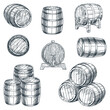 Wooden barrels set. Vector hand drawn sketch illustration. Wine, beer, whiskey storage container on white background