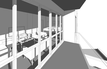 Poster - 3d illustration of a perspective view from a flat's balcony. Living room and kitchen seen behind the windows. Monochrome scene with deep shadows. 