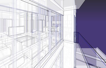 Poster - 3d illustration of a perspective view from a flat's balcony. Living room and kitchen seen behind the windows. Abstract scene in blueprint style with semi-transparent walls. 