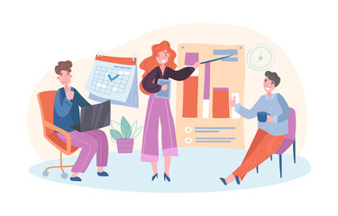 Poster - concept of office workers. girl makes presentation to her colleagues. analytical department. employe