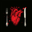 Vector banner with a red human heart, drops of blood, a fork and a knife on a black background. Abstract banner with a detailed drawing of a human internal organ. Dinner of a maniac cannibal