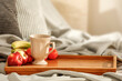 Breakfast in bed on a beautiful winter's day, relaxation and free space 