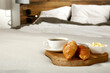 Breakfast in bed on a beautiful winter's day, relaxation and free space 