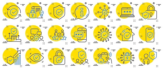 Poster - Security line icons. Cyber lock, password, unlock. Guard, shield, home security system icons. Eye access, electronic check, firewall. Internet protection, laptop password. Info center bubble. Vector