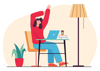 Wall Mural - Happy employee taking break from work and stretching at desk. Calm office person relaxing or resting in workplace flat vector illustration. Coffee break, relaxation, job concept for banner