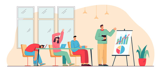 Wall Mural - Team of office people tired of boring presentation of speaker. Tiresome lecture, cartoon characters at meeting flat vector illustration. Business training concept for banner or landing web page