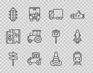 Sticker - Set line Road traffic signpost, Train and railway, Delivery cargo truck, Tractor, Traffic light, cone and Rocket ship with fire icon. Vector