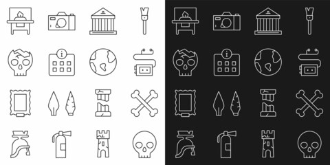 Sticker - Set line Human skull, Crossed human bones, Museum audio guide, building, Information, Broken, Glass showcase exhibit and Earth globe icon. Vector