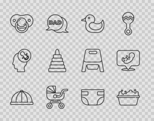 Poster - Set line Baby hat, bathtub, Rubber duck, stroller, dummy pacifier, Pyramid toy, absorbent diaper and icon. Vector