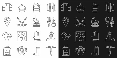 Sticker - Set line Ice axe, Road traffic signpost, Snowshoes, Stone for curling, hockey sticks, Location with mountain, Winter scarf and Skates icon. Vector