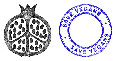 Canvas Print - Network irregular mesh Pomegranate fruit icon, and Save Vegans textured round seal imitation. Abstract lines form Pomegranate fruit illustration. Blue stamp has Save Vegans title inside round form.