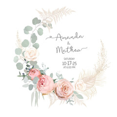 Wall Mural - Pink and garden roses, dried leaves, eucalyptus vector design round invitation frame