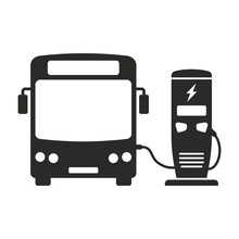 Electric Bus. Electric Vehicle Recharging Point. EV Charging Station. Vector Icon Isolated On White Background.