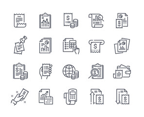 Poster - financial report icon set. minimalistic stickers with receipts, tax forms and accounting. income and
